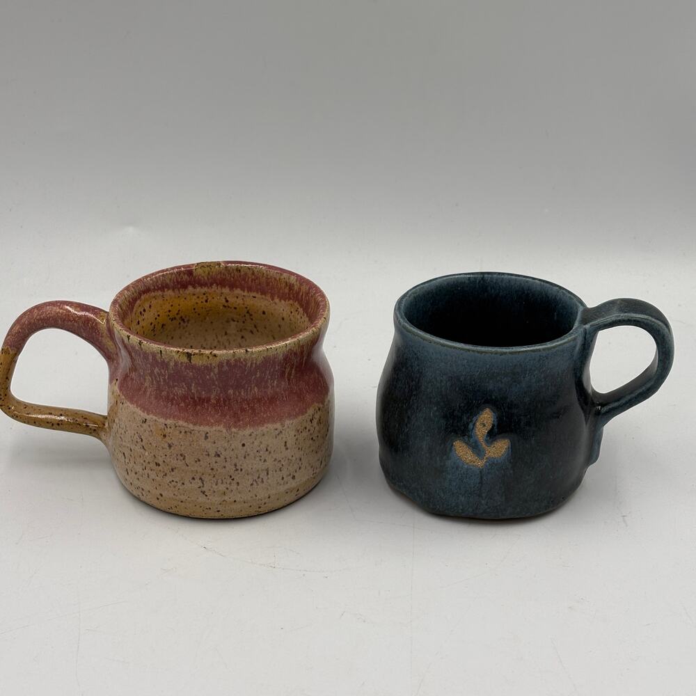 Handmade Studio Pottery Mugs Set of 2 Blue Pink Speckled Stoneware Coffee Cups